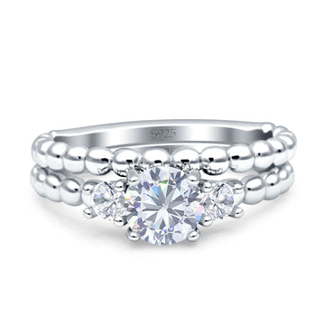 Three Stone Two Piece Bridal Wedding Beaded Ring Round Cubic Zirconia 925 Sterling Silver Wholesale